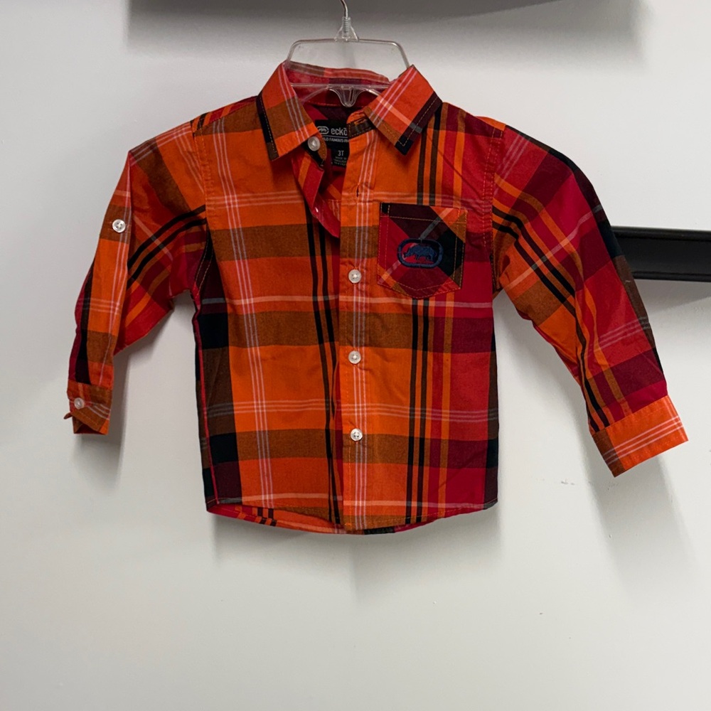 Ecko Unlimited Orange and Red Plaid Button Down Shirt